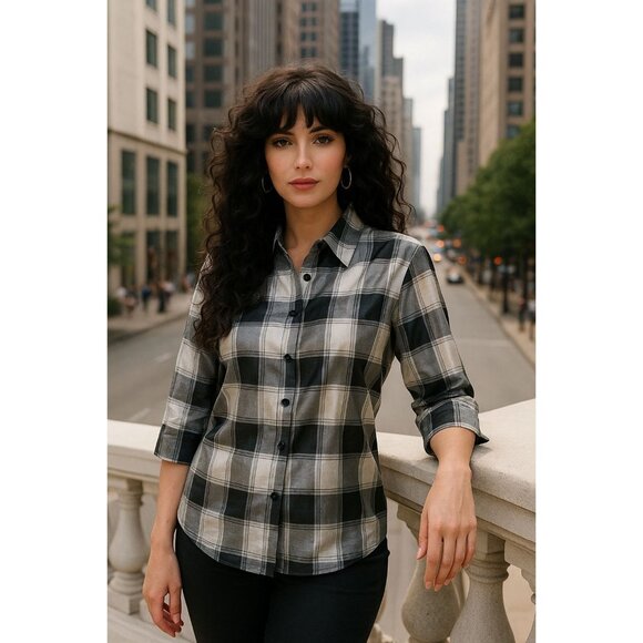 Josephine Chaus 10P Vintage Silk Plaid Blouse Black Gray Uptown Archivist Style - Picture 1 of 11